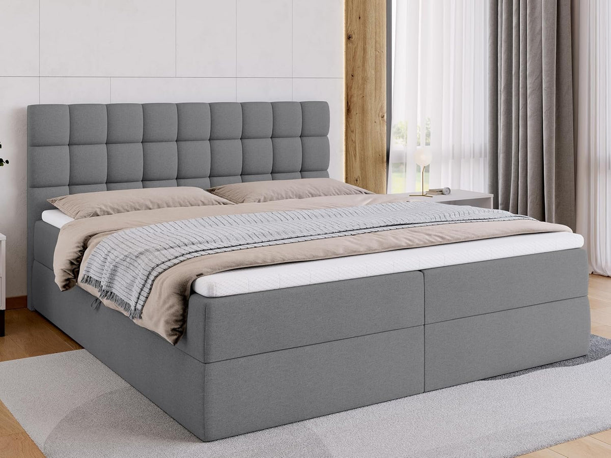 Cama boxspring BROMARKT con arcón, cama tapizada con colchón Bonell y topper, cama para dormitorio, cabecero acolchado, modelo Dakota, muelles Bonell, 180x200, grado de firmeza H3, gris Malmo