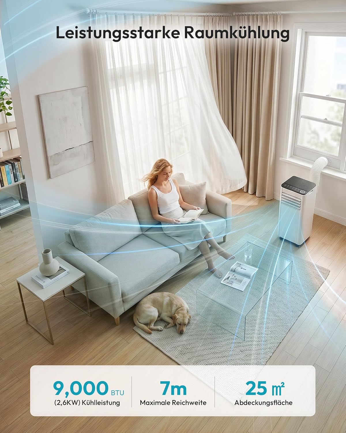 Aire acondicionado portátil 9000 BTU con tubo de escape | Aire acondicionado móvil 4 en 1 | Funcionamiento silencioso | Pantalla digital + mando a distancia | Kit de instalación para ventana | Temporizador de 24h | Para habitaciones de hasta 25 m²