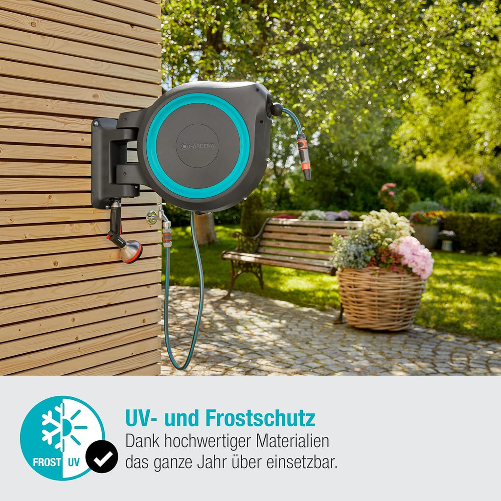 Gardena Caja portamanguera de pared RollUp XL (turquesa) 35 m: riego flexible para jardines grandes, caja portamanguera orientable, incluye manguera de calidad Gardena de 35 m y ayuda de montaje (18630-20), negro