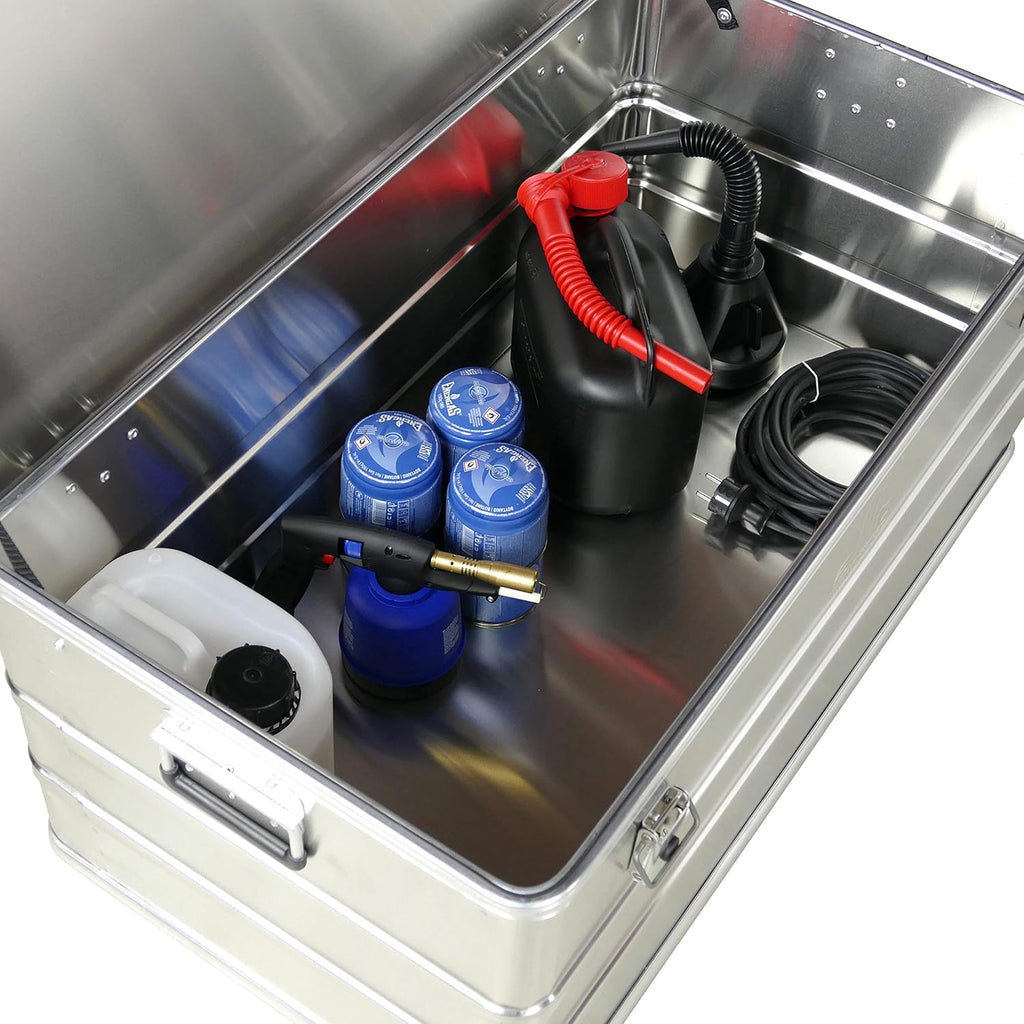 Caja de aluminio Alubox de 140 l de capacidad - Caja de herramientas resistente al polvo y a las salpicaduras - Caja de lanza, baúl metálico, arcón de jardín, caja de aluminio, caja de transporte, caja de herramientas, maletín de aluminio