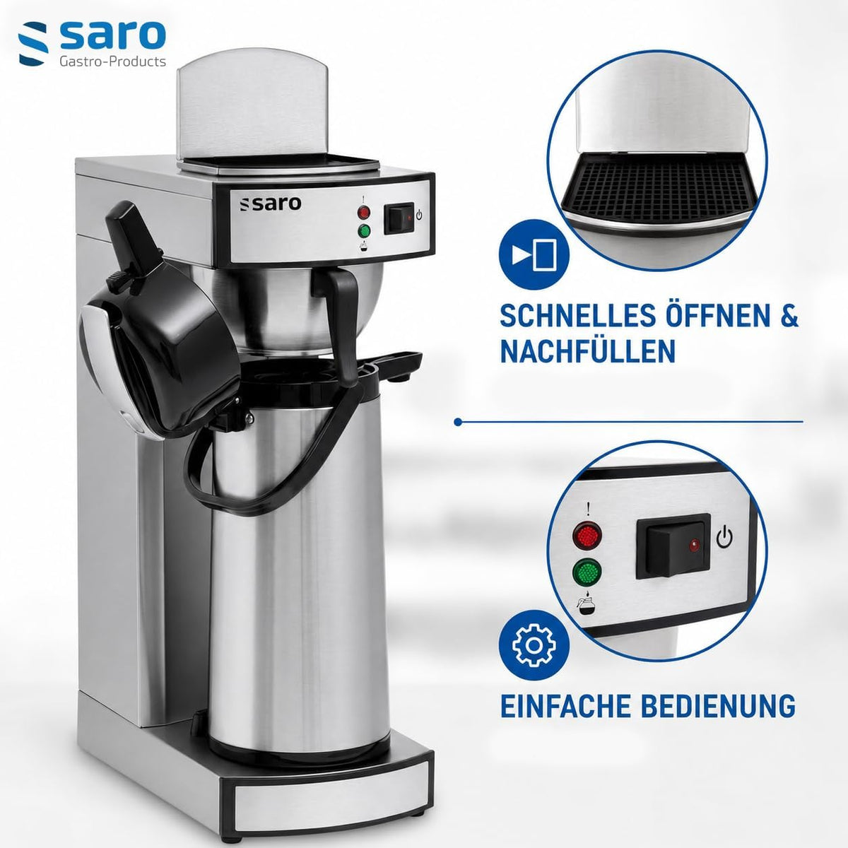 Cafetera Saro incl. jarra termo de acero inoxidable con bomba – 2,2 L – tiempo de preparación aprox. 5–6 min – protección contra funcionamiento en seco – 2,069 kW – modelo THERMO 24
