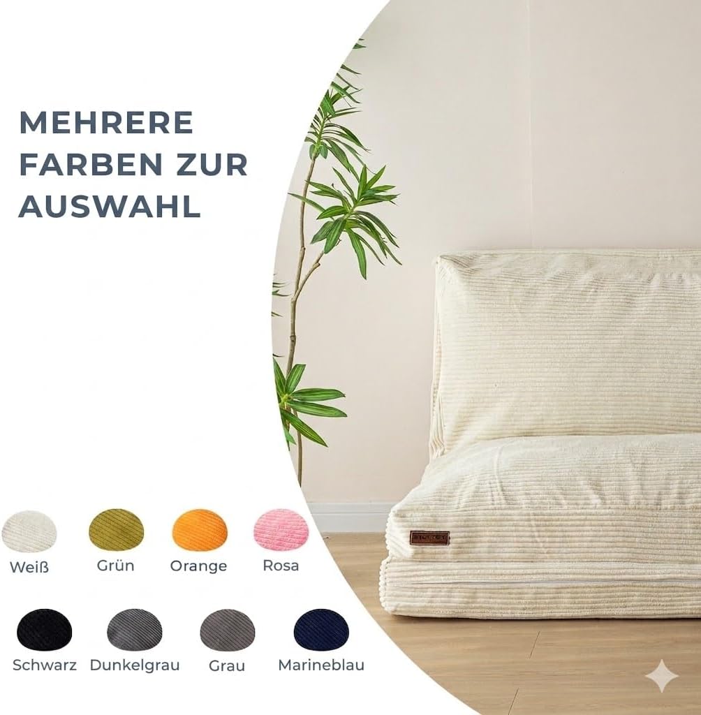 Cama tipo puf MAXYOYO, plegable, pana, sofá cama, colchón de suelo para adultos, extra grueso, plegable en 4 partes, sofá de suelo para dormitorio, sala de estar, beige, 75 x 240 cm