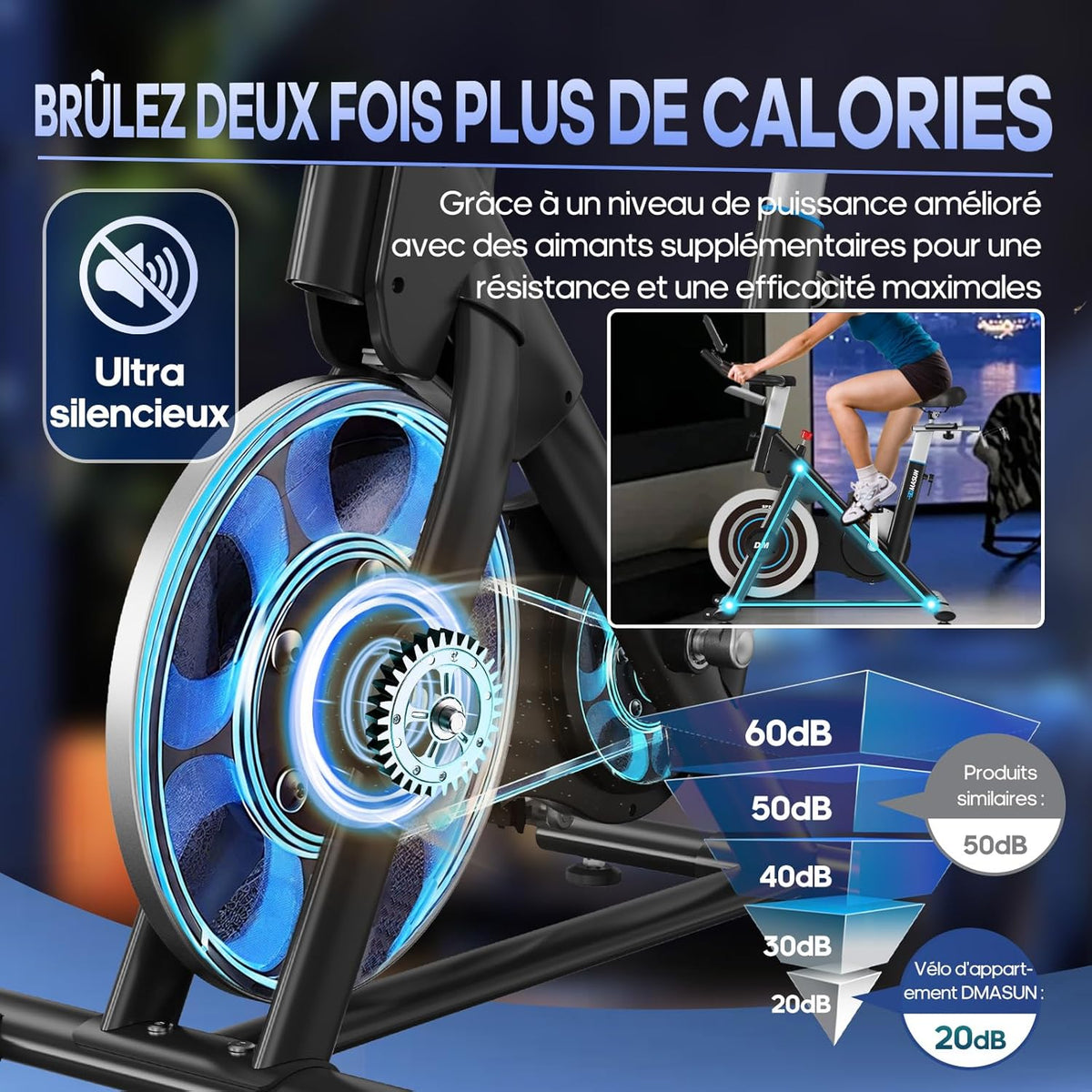 Bicicleta Estática, DMASUN Bicicleta Estática con Resistencia Magnética Reforzada, Volante de Inercia Pesado, Bicicleta Estática Ultra Silenciosa con Soporte para Mancuernas, Asiento Cómodo, Capacidad 180KG