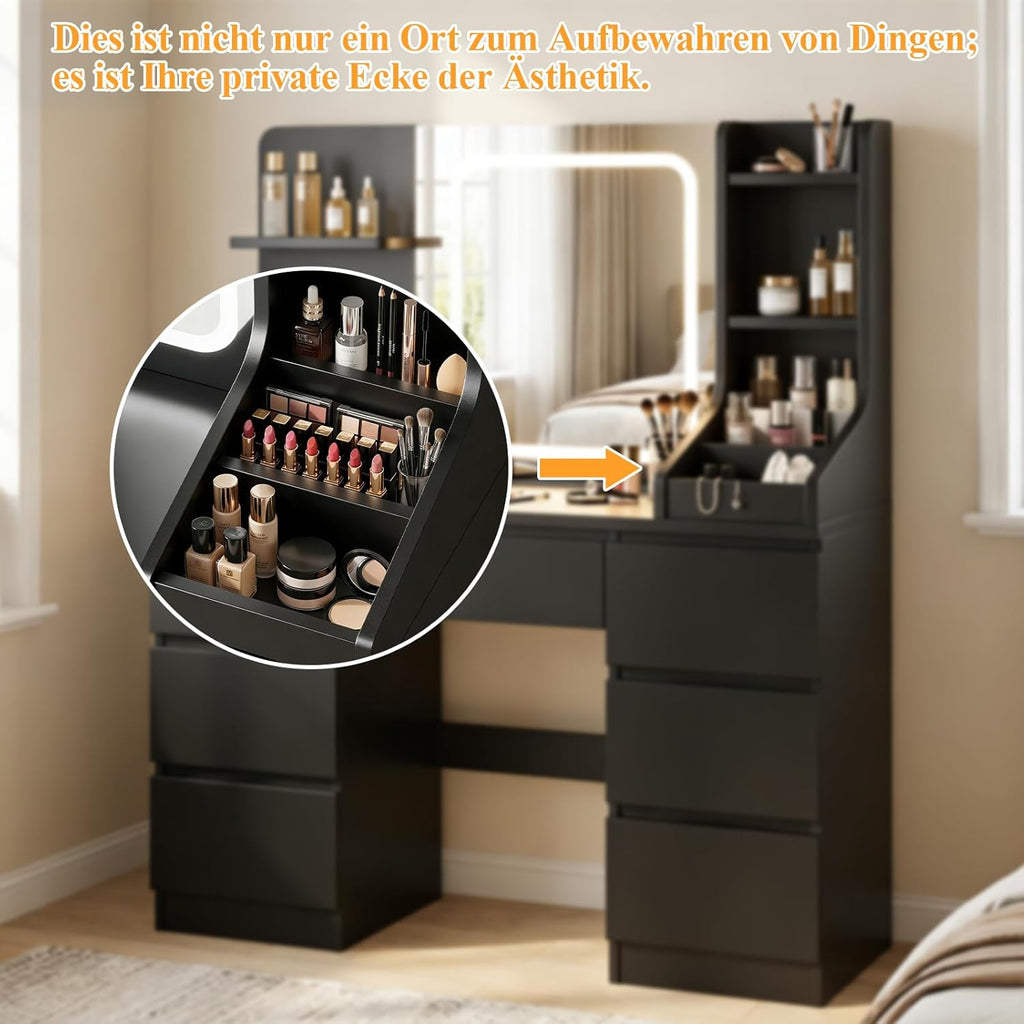 TRIUMPHKEY Tocador con iluminación LED, brillo ajustable, mesa de maquillaje con espejo, tocador moderno con 7 cajones, 4 estantes y 3 compartimentos abiertos para el dormitorio (Negro)