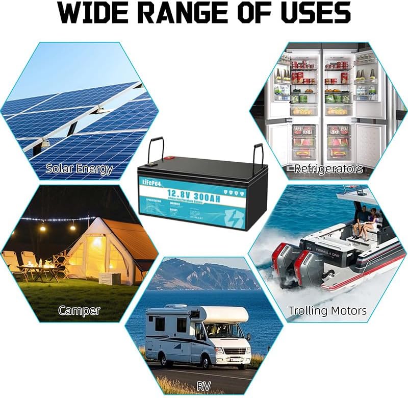 Batería LiFePO4 de 12V 300Ah de fosfato de hierro y litio, equipada con BMS de 300A, vida útil de más de 8 años, adecuada para camping, energía solar, fuente de alimentación de emergencia, etc.