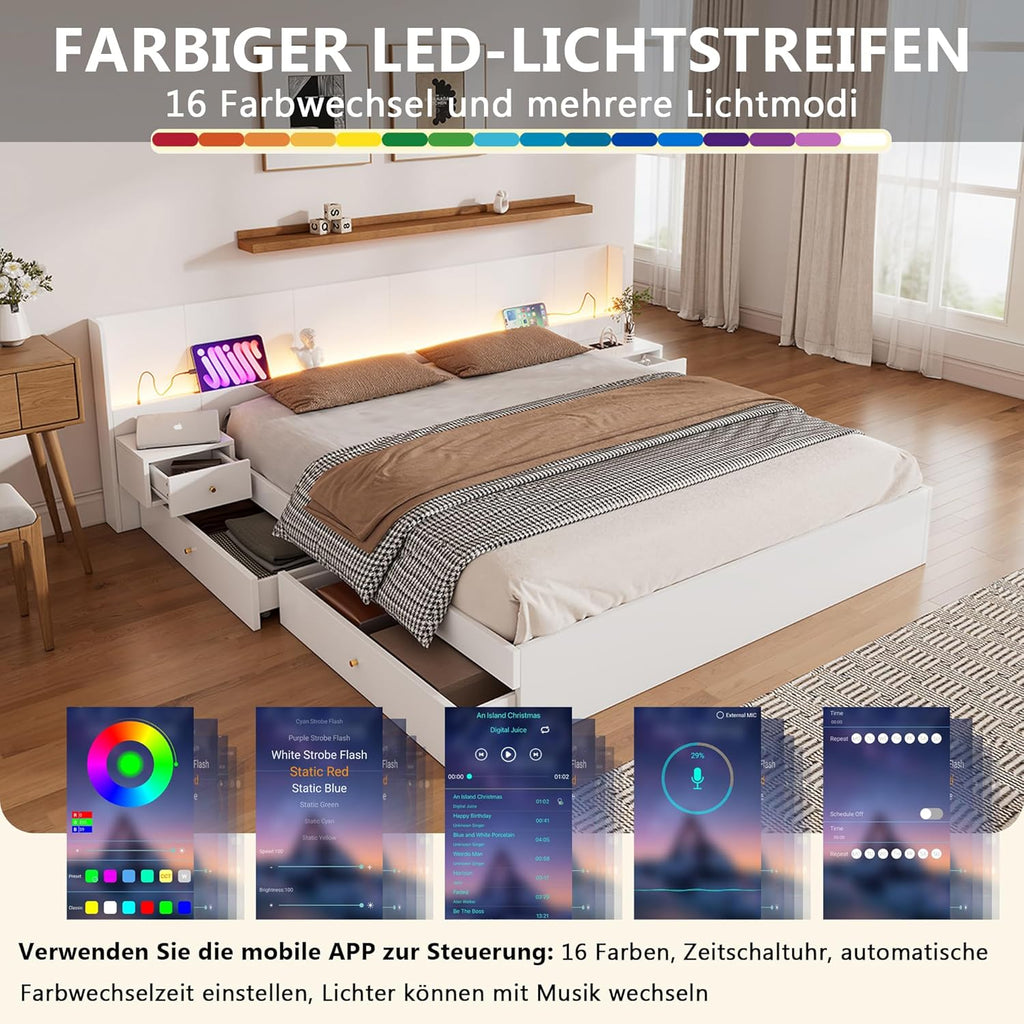 Cama de matrimonio 180x200 con espacio de almacenamiento, 2 cajones, cabecero LED extra ancho con 2 mesitas de noche y puerto USB, cama de madera con almacenaje, estructura de cama con somier, cama juvenil, sin colchón, blanco