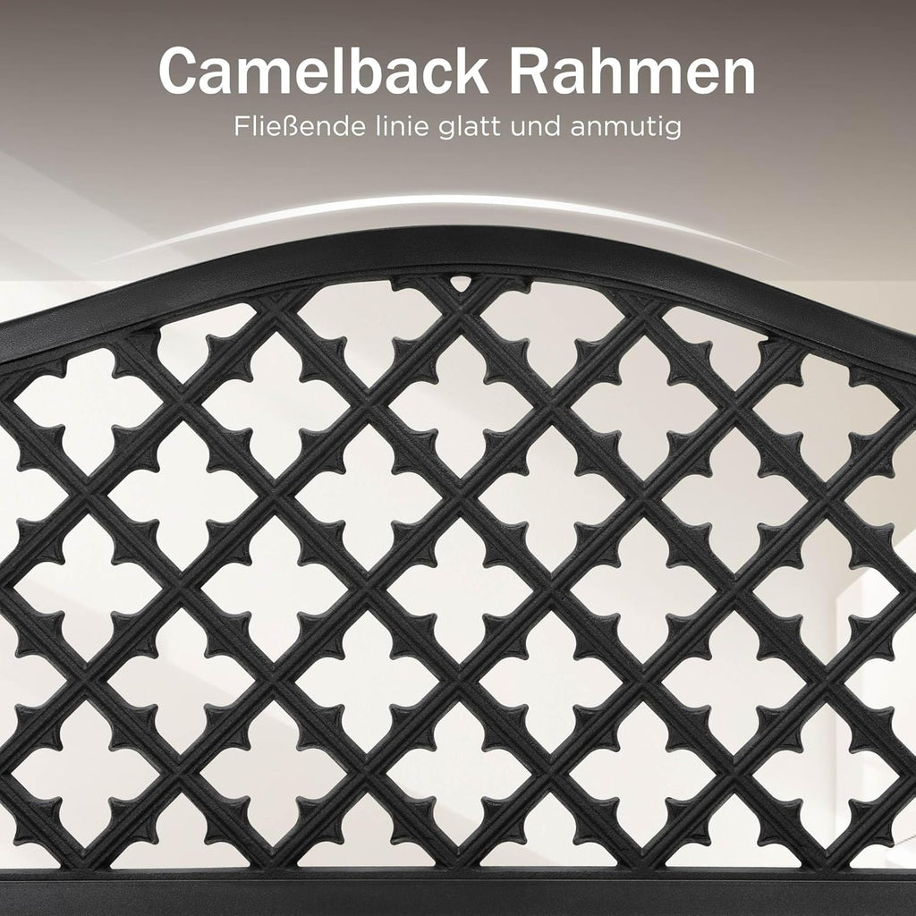 PHI VILLA Banco de jardín negro con respaldo de hierro fundido y estructura de acero resistente, banco de 2-3 plazas para exterior, para porche, parque, balcón y jardín