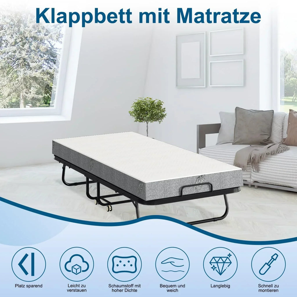 Cama plegable 90 × 200 cm con colchón de 13 cm, hasta 200 kg, marco de metal, ruedas, funda protectora contra el polvo y funda lavable