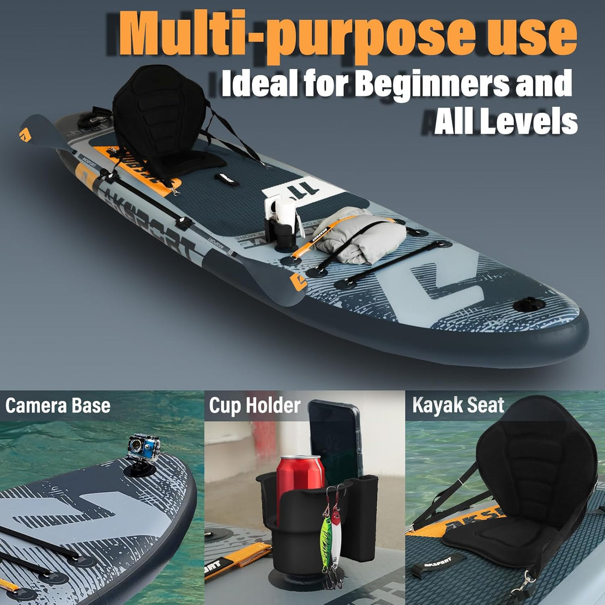 AKSPORT Tabla de paddle surf hinchable, tabla de surf hinchable con todos los accesorios, diseño ancho y estable, tabla antideslizante, tabla de remo para jóvenes y adultos