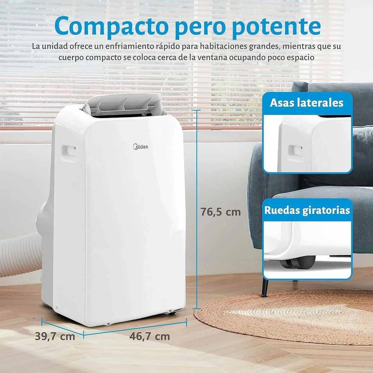 Aire Acondicionado Portátil MIDEA Pingüino 3 en 1 | 3000 Frigorías / 12000 BTU | Aire acondicionado silencioso para 43m2 - Deshumidificador, Ventilador, Climatizador 3500 W - 4 modalidades con kit de ventana