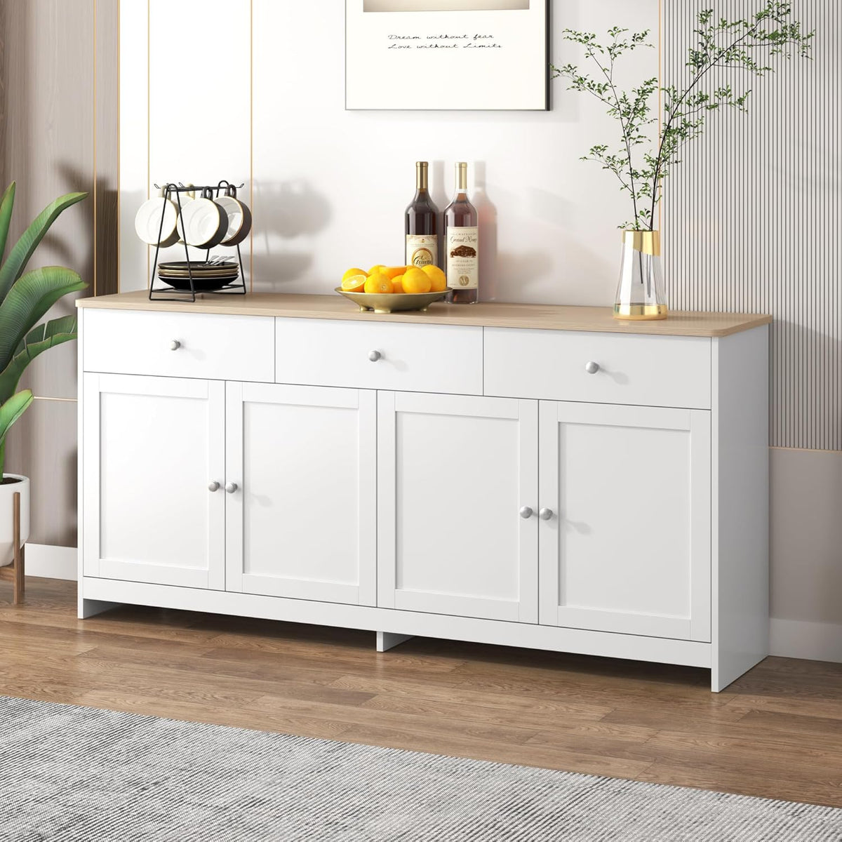 Aparador Ymkua, buffet, cómoda para salón y comedor, armario de almacenamiento con 4 puertas y 3 cajones, mueble de salón moderno, 160x37x75 cm, madera y blanco