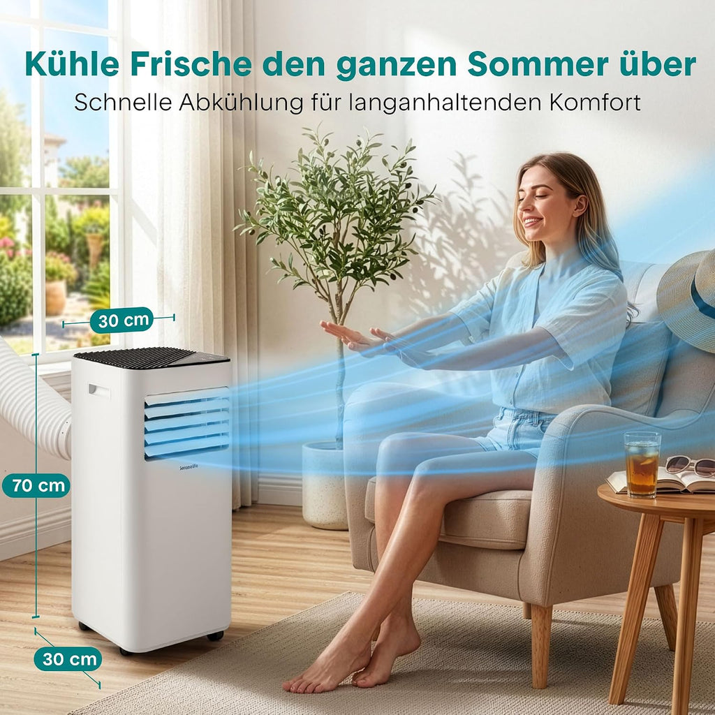 Aire acondicionado portátil SereneLife blanco 9000 BTU 2,64 kW para 28 m² – Aire acondicionado con tubo de escape, 3 en 1 con deshumidificador y ventilador, silencioso 54 dB, incluye kit de ventana y control remoto