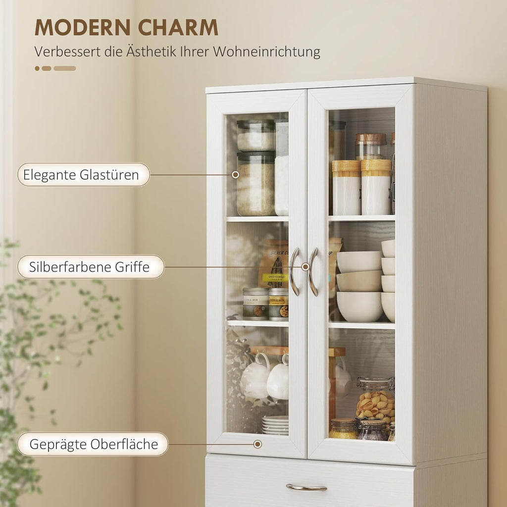 HOMCOM Alacena de cocina mueble buffet con estante ajustable, cajón, 2 armarios, armario alto con puerta de cristal y función de cierre suave para cocina, comedor, salón, 60 x 35 x 180 cm, blanco