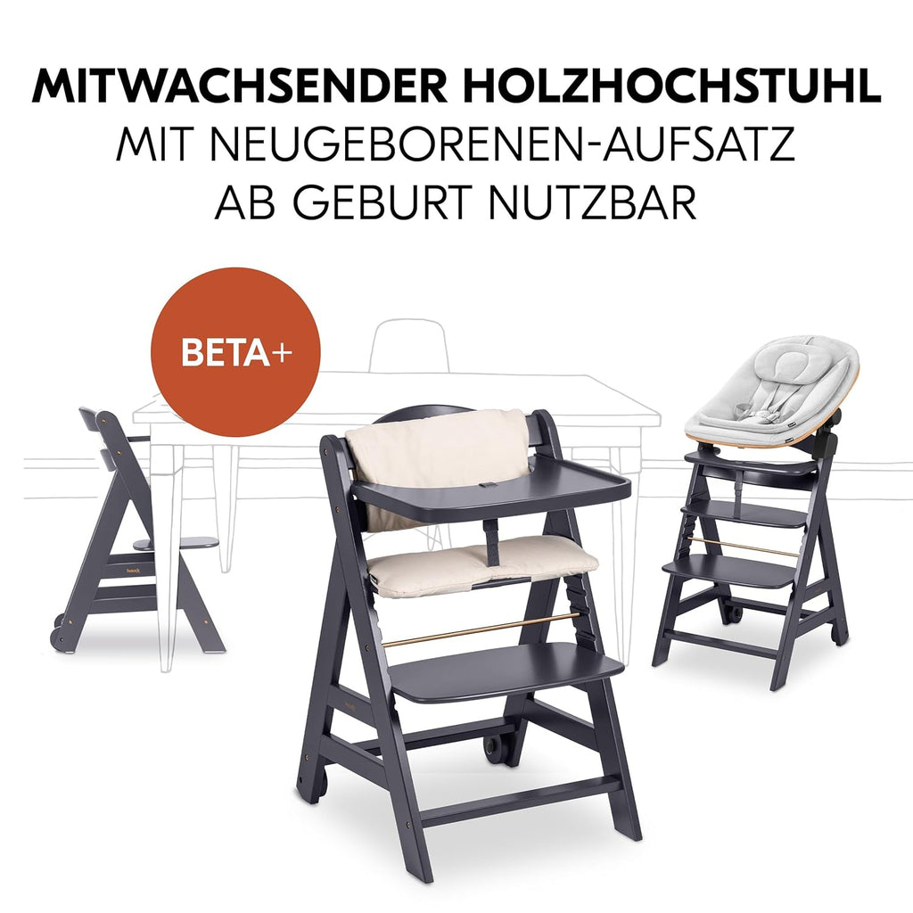 Hauck Trona Beta+ Newborn Set Eco Bouncer - Trona de madera evolutiva para bebés desde el nacimiento, incluye accesorio para recién nacidos, cojín de asiento y bandeja - Gris oscuro