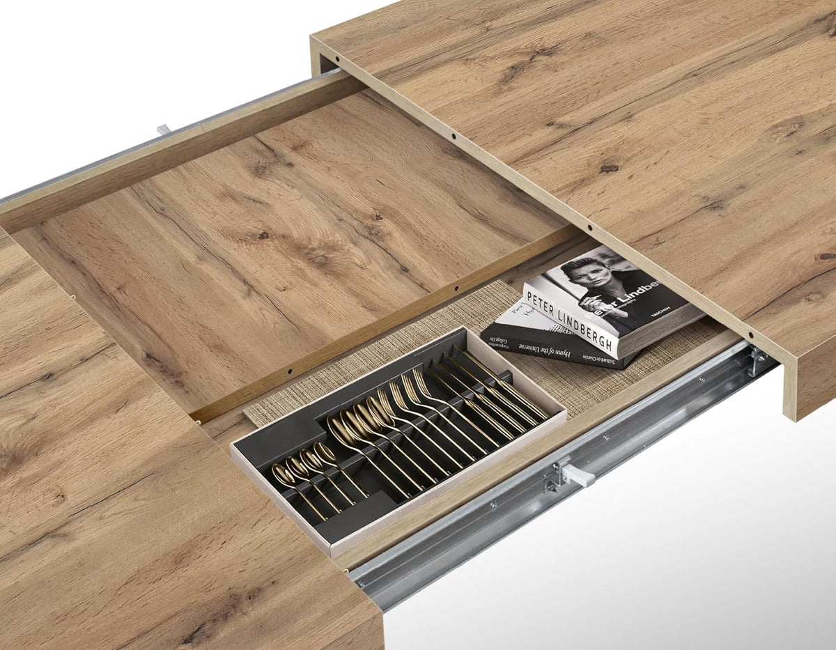 Mesa extensible PAZZO DESIGN Elisa, mesa para salón o cocina, patas en cruz X negras, fabricada en Italia, roble rústico, 160x90x76 cm - id_1997