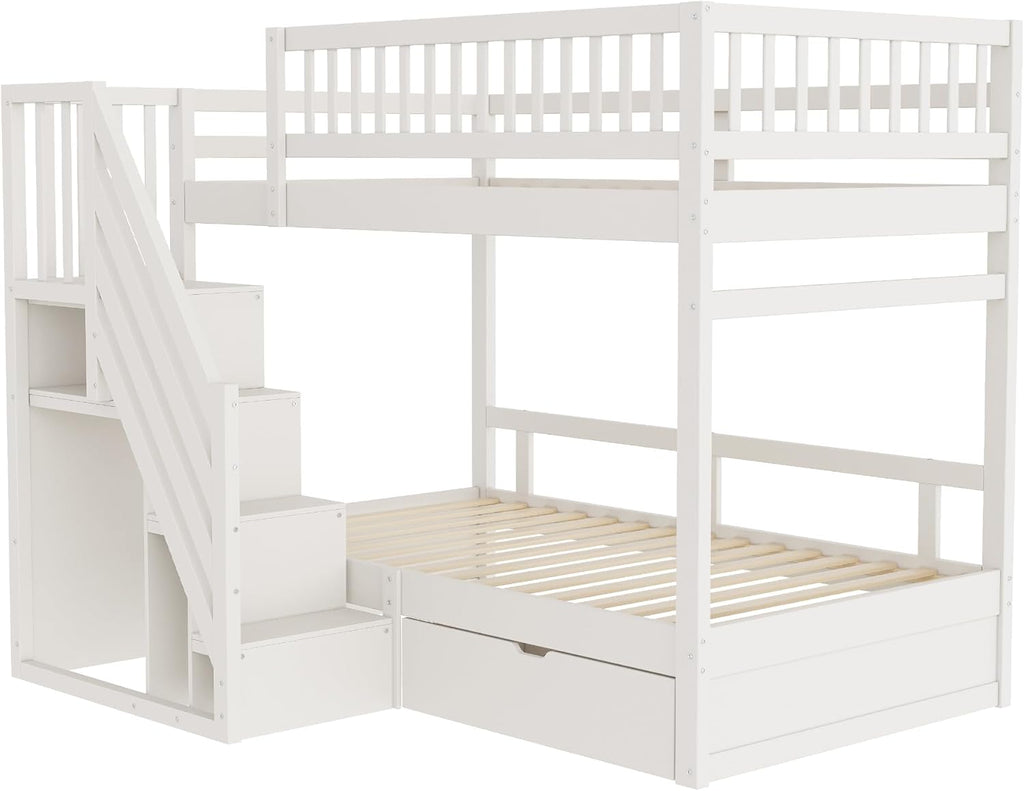Cama infantil tipo litera 90x200 para 2 niños, cama alta con escalera, armario de almacenamiento y cajón, litera funcional de madera maciza para jóvenes con 2 somieres y protección anticaídas, sin colchón, blanca