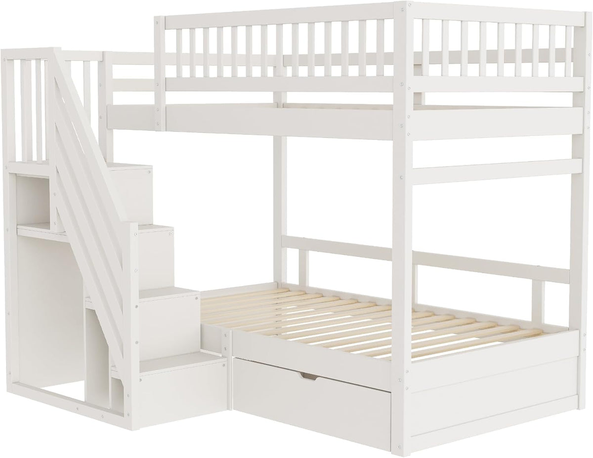 Cama infantil tipo litera 90x200 para 2 niños, cama alta con escalera, armario de almacenamiento y cajón, litera funcional de madera maciza para jóvenes con 2 somieres y protección anticaídas, sin colchón, blanca