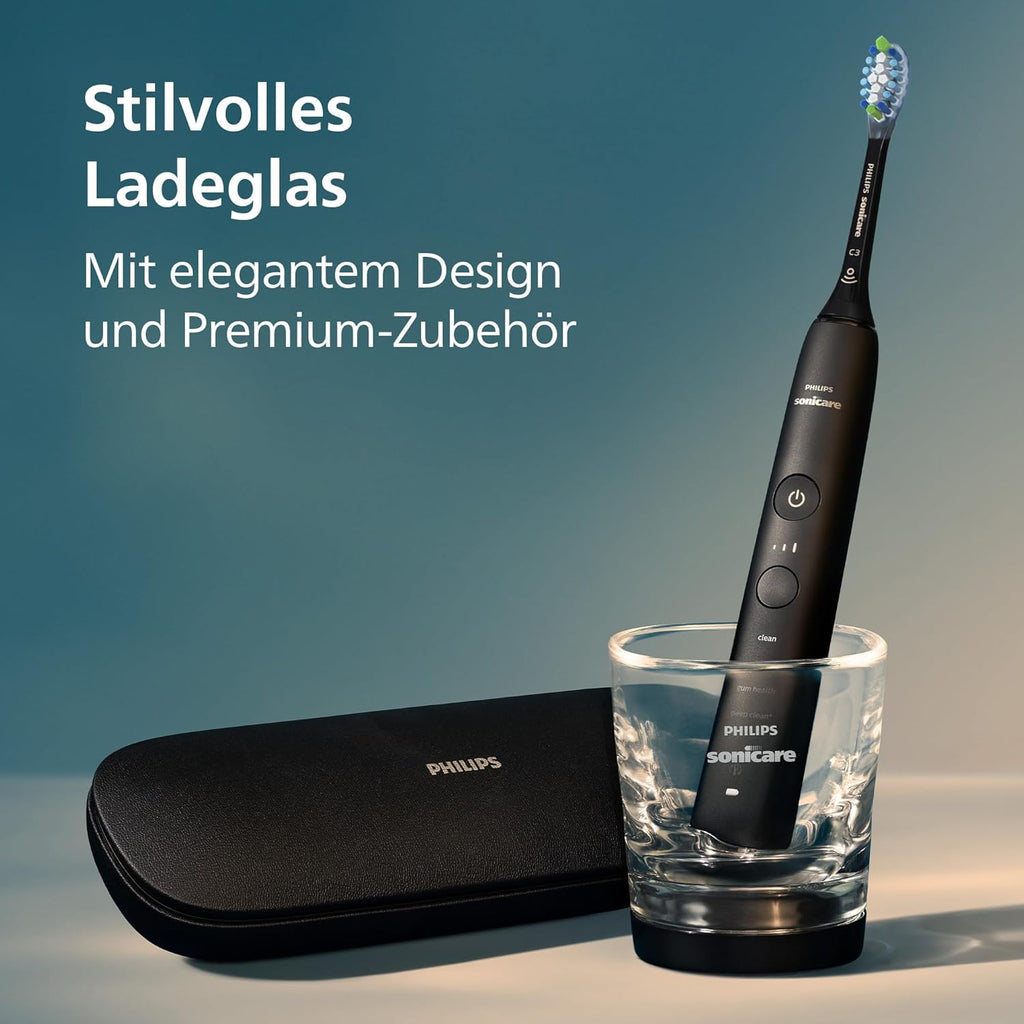 Cepillo de dientes eléctrico Sonicare DiamondClean 9000, cepillo sónico con aplicación, sensor de presión, 4 modos de limpieza, 3 niveles de intensidad, vaso de carga, negro y oro rosa, paquete de dos, modelo HX9914/57
