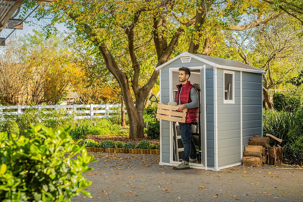 Keter Manor 4X6 - Caseta de jardín, 130x192x198cm y 2,2m2, Suelo, Sistema de ventilación, Puerta y ventana, Resistente al agua, Color gris