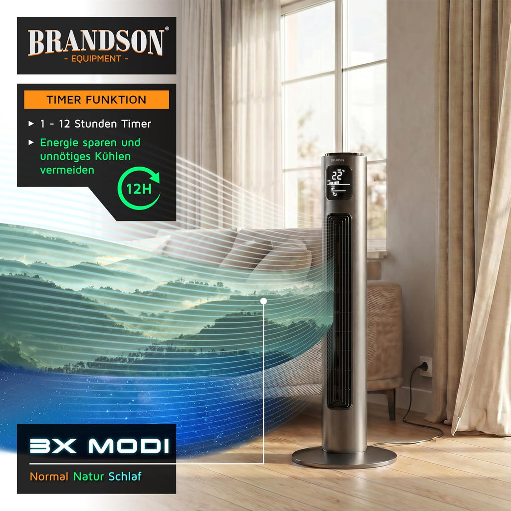 Brandson - Ventilador de torre con mando a distancia - Galardonado 2026 - Oscilación 60° - Ventilador de pie - ventilador portátil - ventilador de columna - 96 cm - Ventilador 3 niveles de velocidad - GS - Grafito