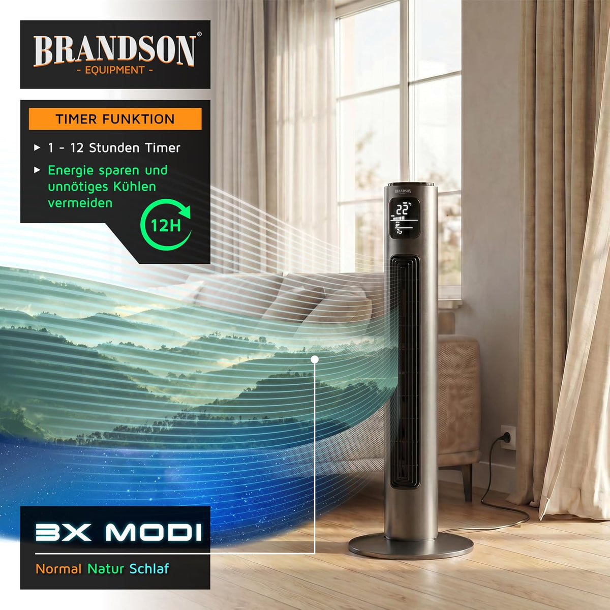 Brandson - Ventilador de torre con mando a distancia - Galardonado 2026 - Oscilación 60° - Ventilador de pie - ventilador portátil - ventilador de columna - 96 cm - Ventilador 3 niveles de velocidad - GS - Grafito