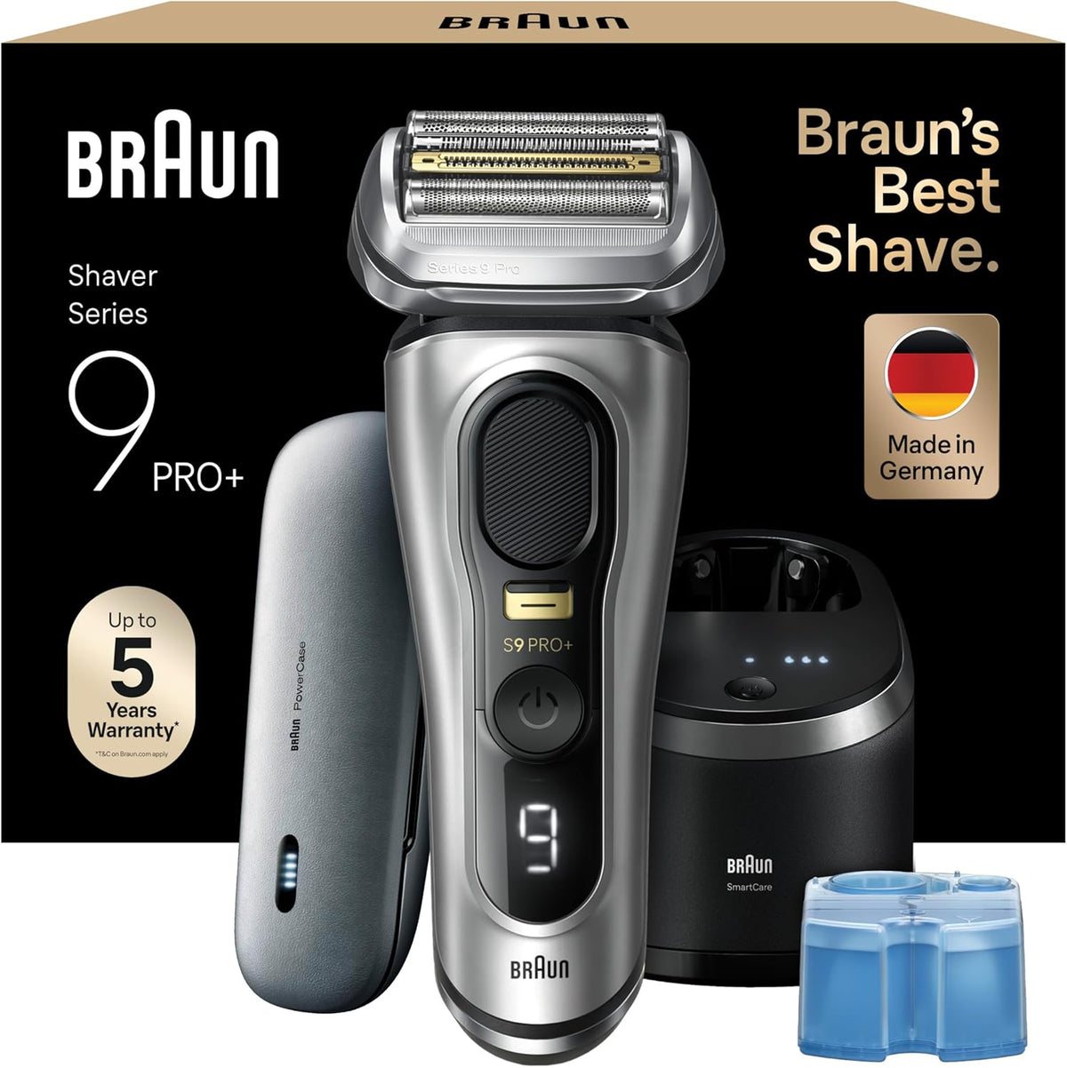 Afeitadora Braun Series 9 Pro+ para hombre, afeitadora eléctrica con 5 elementos de afeitado Pro, recortadora de precisión y centro de limpieza, estuche de carga PowerCase, 60 min de autonomía, fabricada en Alemania, 9577cc, plata