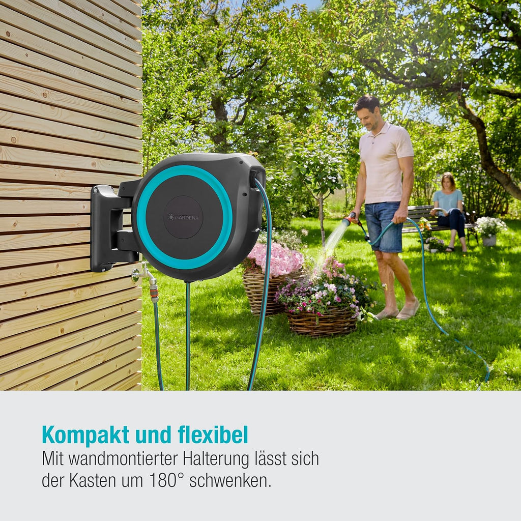 Gardena Caja portamanguera de pared RollUp XL (turquesa) 35 m: riego flexible para jardines grandes, caja portamanguera orientable, incluye manguera de calidad Gardena de 35 m y ayuda de montaje (18630-20), negro