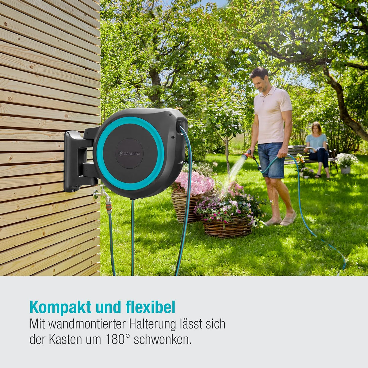 Gardena Caja portamanguera de pared RollUp XL (turquesa) 35 m: riego flexible para jardines grandes, caja portamanguera orientable, incluye manguera de calidad Gardena de 35 m y ayuda de montaje (18630-20), negro