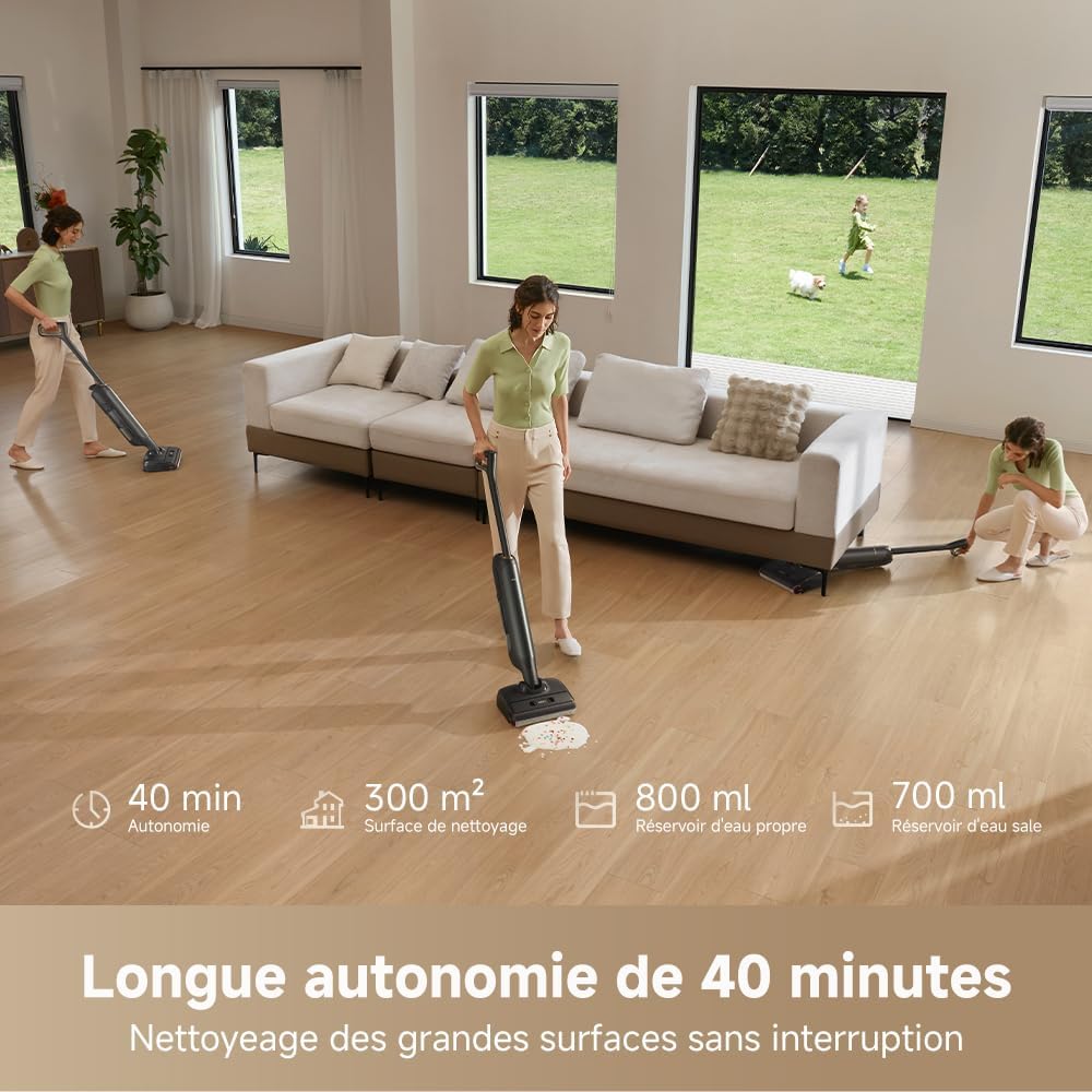 Aspirador en seco y húmedo Mova M10, alcance plano de 180°, flexible y giratorio 90°, peso de 0,9 kg en mano, autolimpieza de cepillo a 75 °C + secado con aire caliente en 5 min, antienredos, succión de 18 kPa