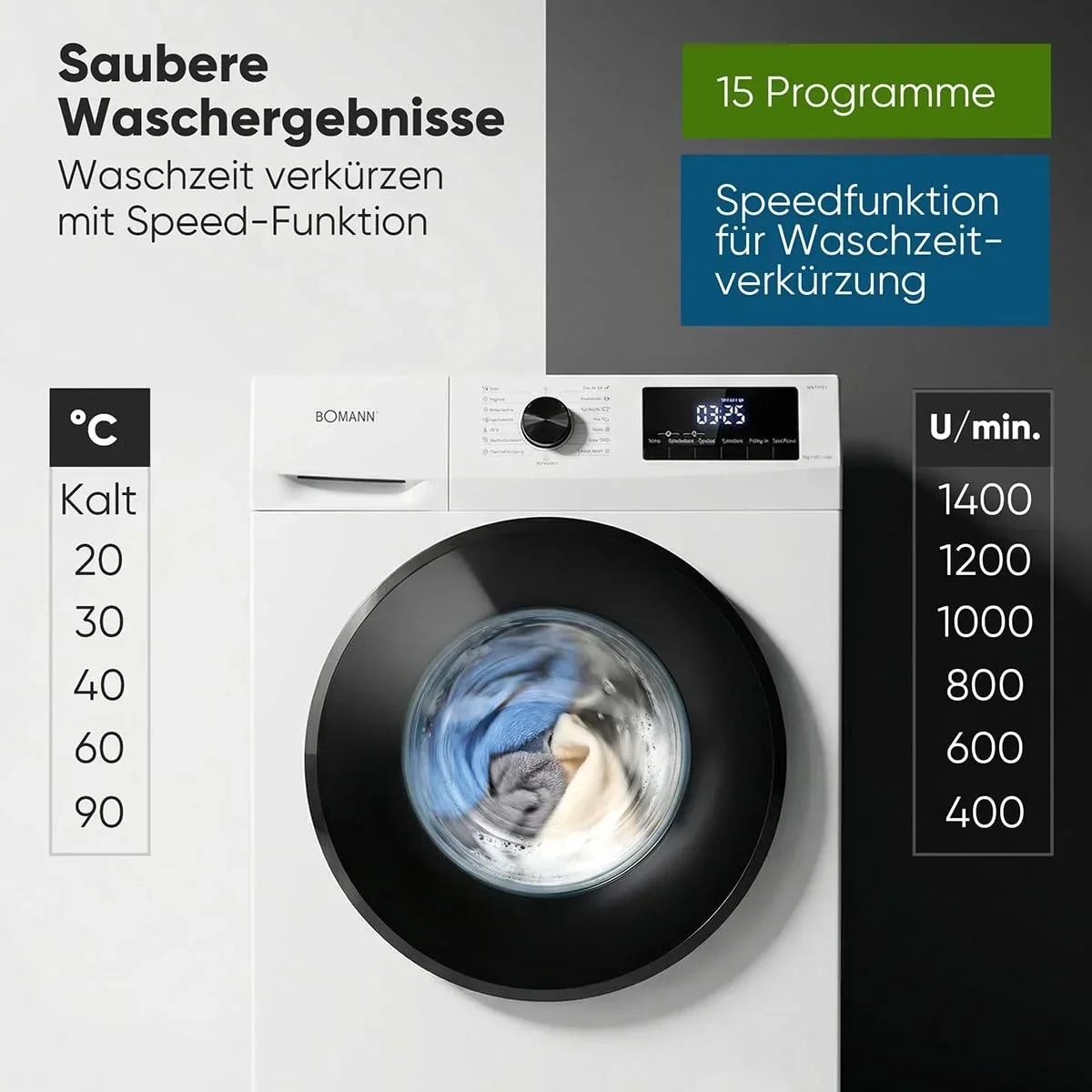Lavadora Bomann 7 kg, 1400 rpm, motor inverter, 10 años de garantía, 15 programas, inicio diferido, WA 7175.1, clase energética A