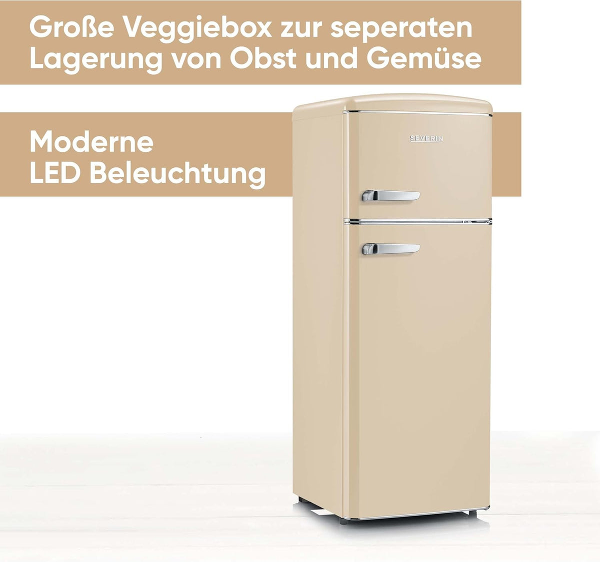 SEVERIN Retro - Frigorífico combi, compacto y eficiente, 4 estantes ajustables en altura y una gran cajonera para verduras, 206 L de capacidad útil, color crema, RKG 8933