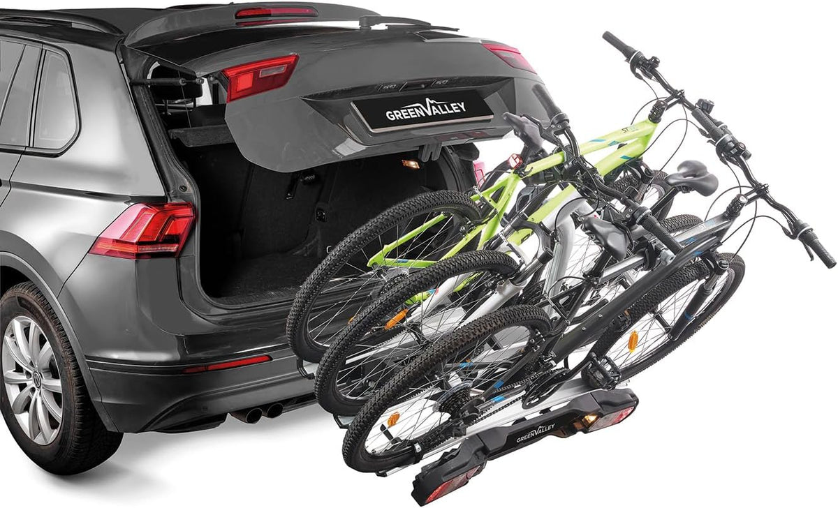 Green Valley 160668 Portabicicletas de plataforma para bola de remolque, inclinable – 3 bicicletas clásicas (máx. 2 eléctricas VAE) – Plegable, inclinable y seguro – 60 kg