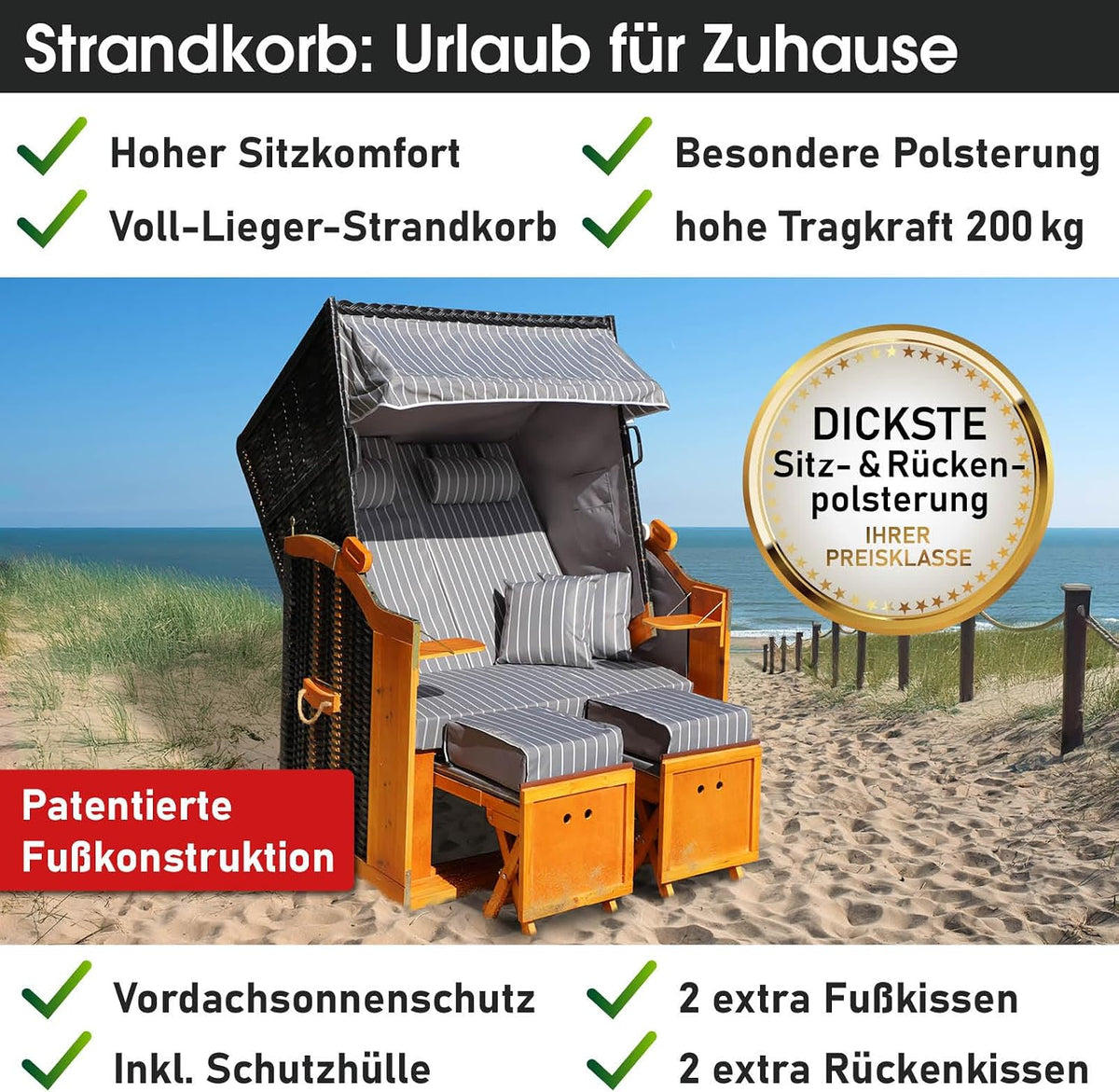 BRAST® Tumbona de playa Rügen Deluxe | para 2 personas | 120 cm de ancho | 5 diseños | incl. funda protectora resistente a la intemperie | respaldo ajustable y cojín de pies suave | Antracita/Gris - a rayas
