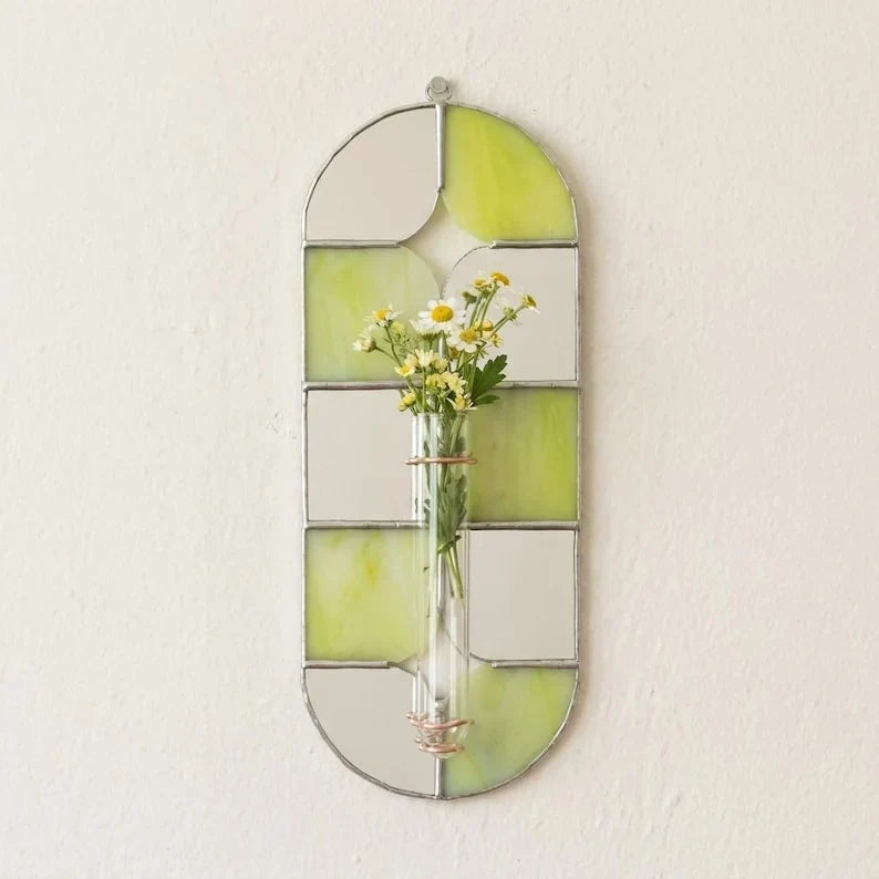 Jarrón de pared de vidrio tintado, espejo verde lima, tablero de ajedrez, estación de propagación, decoración de plantas para arte de jardín