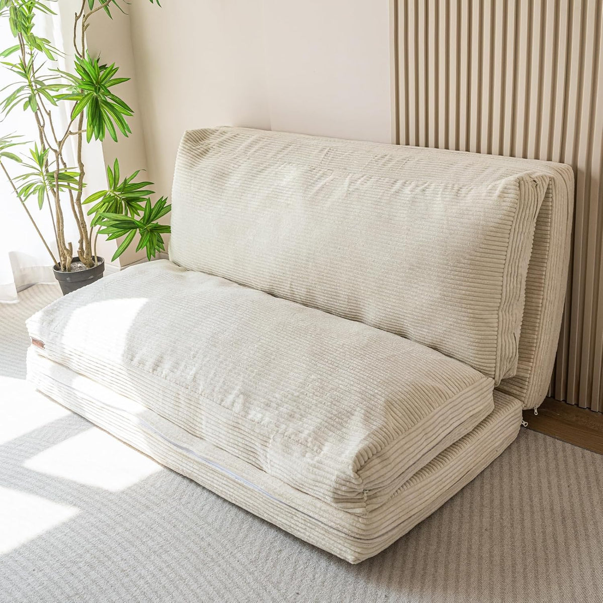 Cama tipo puf MAXYOYO, plegable, pana, sofá cama, colchón de suelo para adultos, extra grueso, plegable en 4 partes, sofá de suelo para dormitorio, sala de estar, beige, 75 x 240 cm