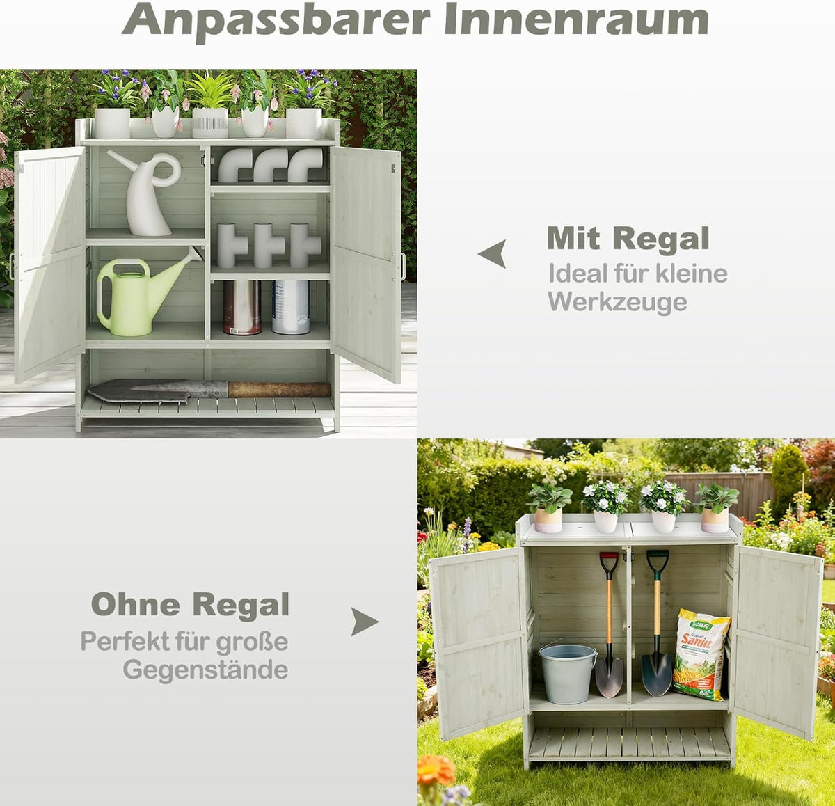 Mesa de cultivo COSTWAY para exterior resistente a la intemperie, mesa de jardinería de madera, mesa para plantas con armario inferior, cubo de basura y estante ajustable, mesa de jardín para patio y terraza, 102 x 43,5 x 152 cm, natural