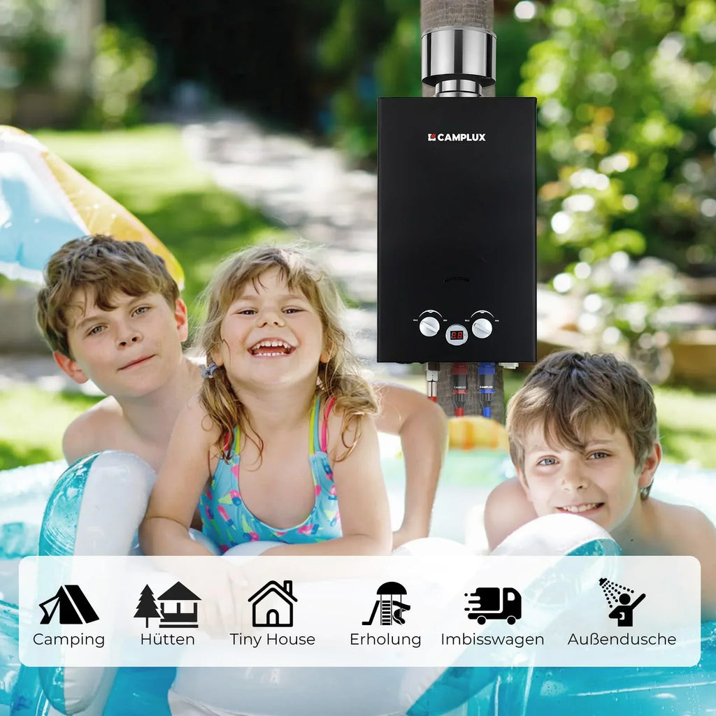CAMPLUX Calentador de agua a gas 10L 50mbar BW264BC-DE Acero inoxidable Tapa impermeable Propano Butano Camping Autocaravana Lavadero A+