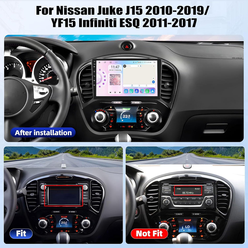 Autorradio OiLiehu 6G+128G 8 núcleos Android 15 para Nissan Juke J15 2010-2019 / YF15 Infiniti ESQ 2011-2017 con CarPlay y Android Auto inalámbricos, pantalla táctil IPS de 9" con GPS, WiFi, BT, FM/RDS, EQ, SWC y cámara