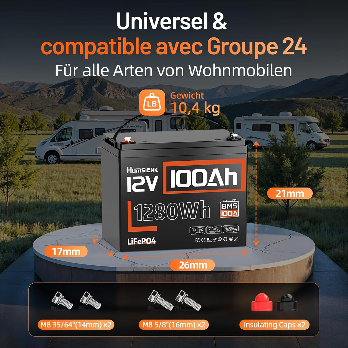 Batería de litio LiFePO4 HumsiENK 12V 100Ah, 1280Wh con BMS inteligente de 100A, 15000 ciclos profundos, 10 años de vida útil, para autocaravanas, energía solar, sistemas aislados y motores.