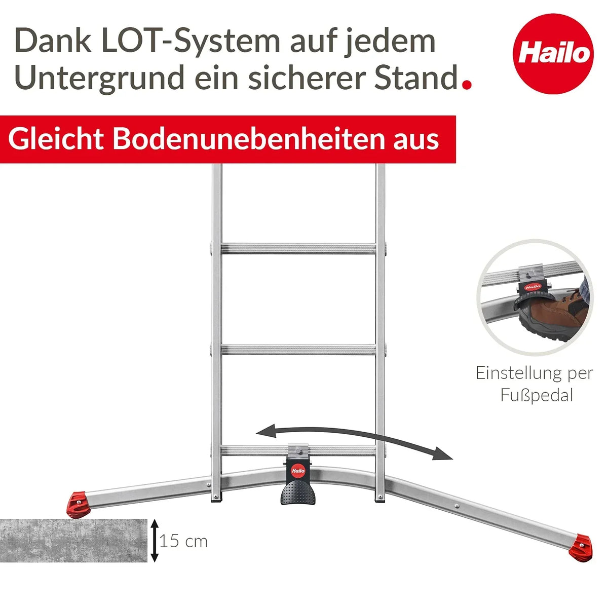 Escalera combinada Hailo S100 ProfiLOT de 3 tramos de aluminio, sistema LOT, 3x12 peldaños perfilados, 150 kg, inoxidable, plateada