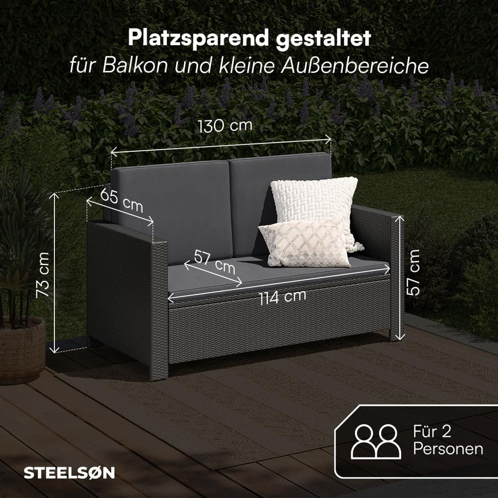 STEELSØN Elnath Sofá de jardín de 2 plazas – Salón de jardín de ratán negro/antracita – Cama lounge para balcón/jardín/terraza – sofá pequeño que ahorra espacio – Set de sofá para exteriores con cojines – muebles de balcón resistentes a la intemperie
