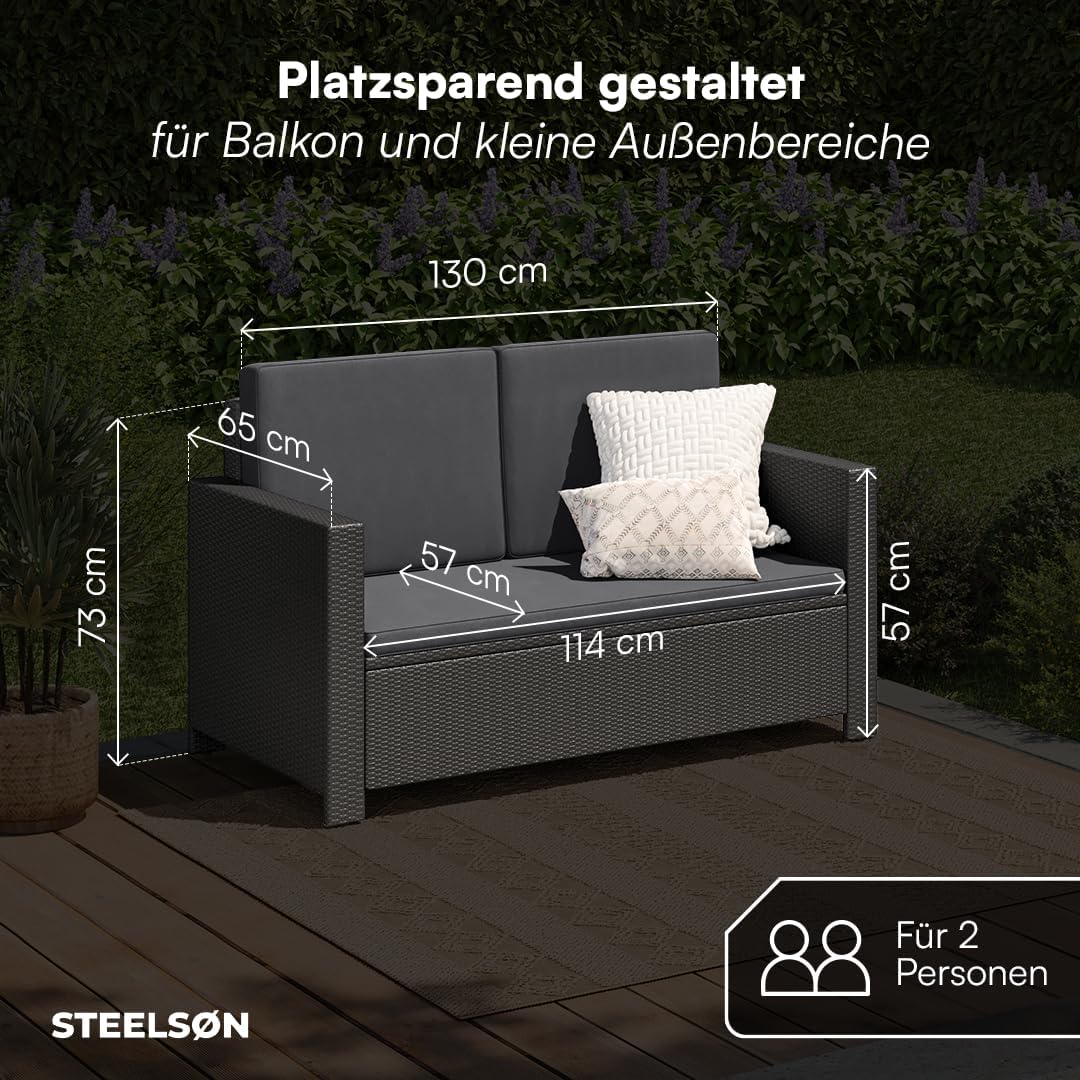 STEELSØN Elnath Sofá de jardín de 2 plazas – Salón de jardín de ratán negro/antracita – Cama lounge para balcón/jardín/terraza – sofá pequeño que ahorra espacio – Set de sofá para exteriores con cojines – muebles de balcón resistentes a la intemperie