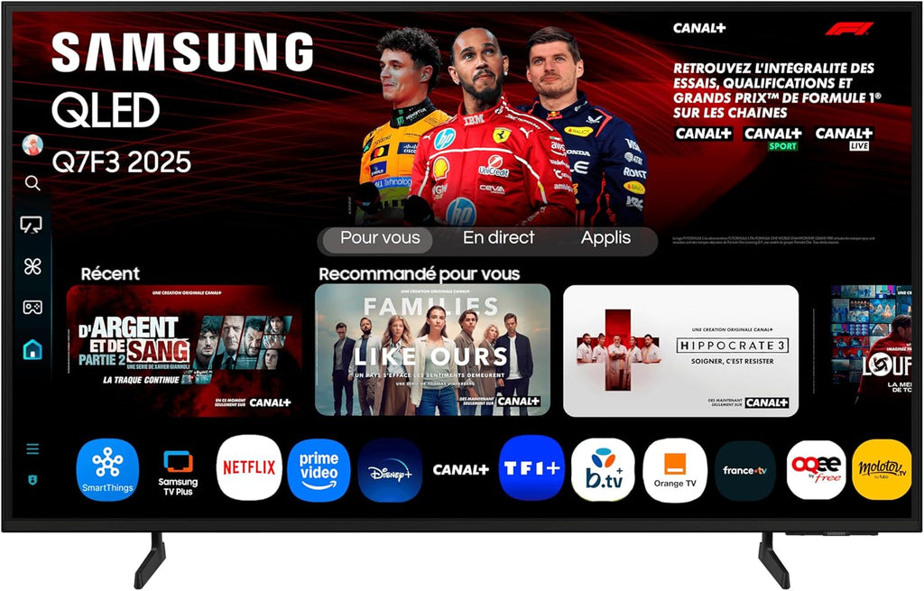 Televisor Samsung 75" QLED 4K Smart TV 75Q7F3, Quantum Dots, procesador IA Q4, WiFi, Airplay, HDR, Q-Symphony, OTS Lite, seguridad Knox, Gaming Hub, Bixby, aplicaciones de operador integradas