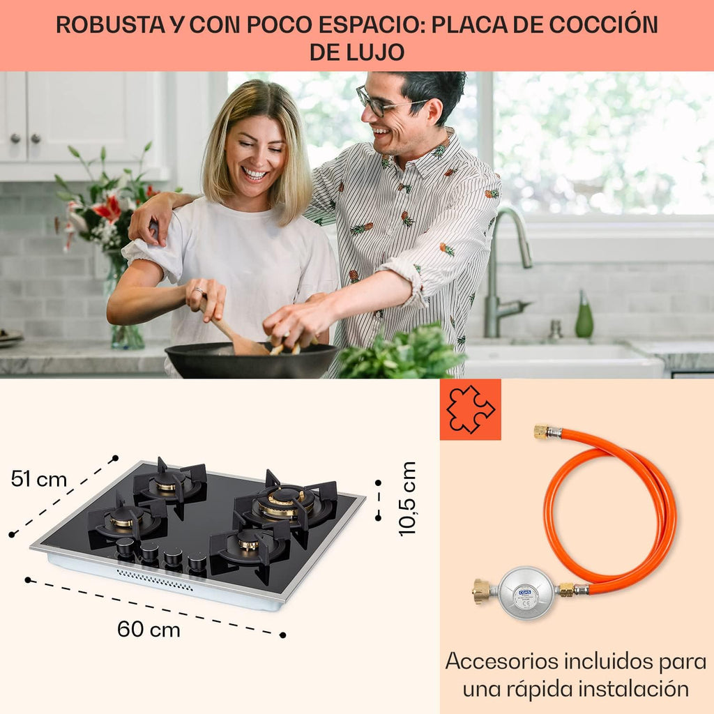 Klarstein Cocina de Gas Butano, Placa de Gas 4 Fuegos 8000W, Placa de Gas Integrada para Cocina, Placa de Gas Butano de Diseño, Encimera de Gas con Base de Vidrio y Acero Inoxidable