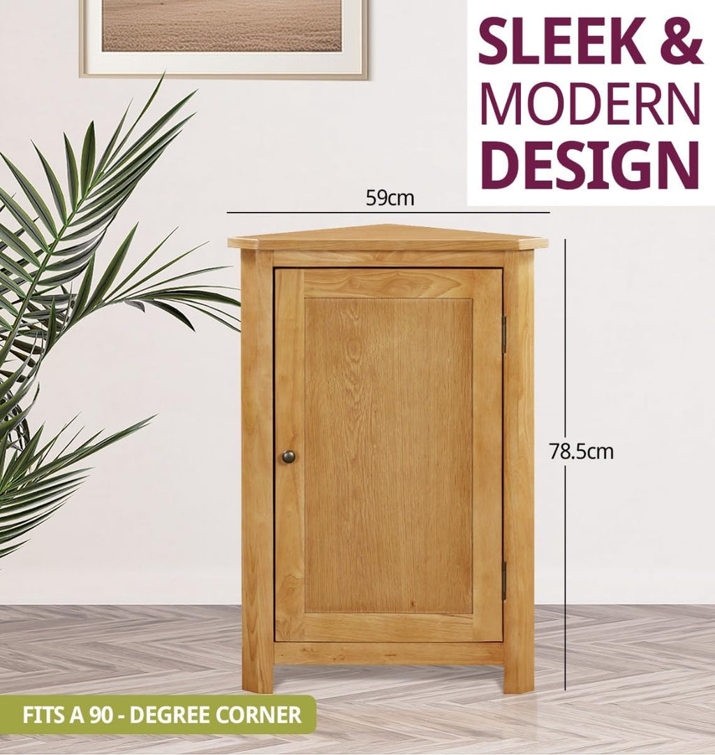 Mueble esquinero Hallowood Furniture Aston de roble, mueble esquinero pequeño de madera para salón con armario de 1 puerta + 2 estantes ajustables, estantería y mesa para teléfono de roble versátil