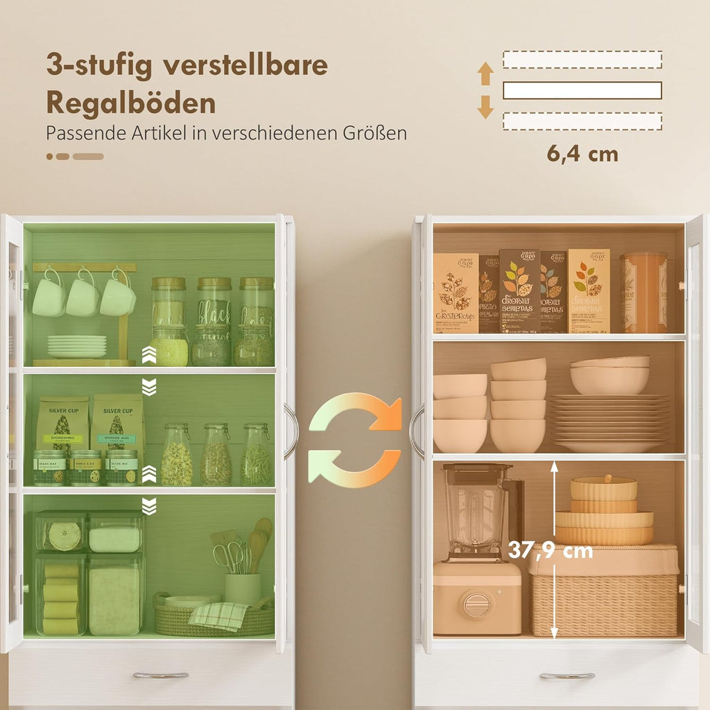 HOMCOM Alacena de cocina mueble buffet con estante ajustable, cajón, 2 armarios, armario alto con puerta de cristal y función de cierre suave para cocina, comedor, salón, 60 x 35 x 180 cm, blanco
