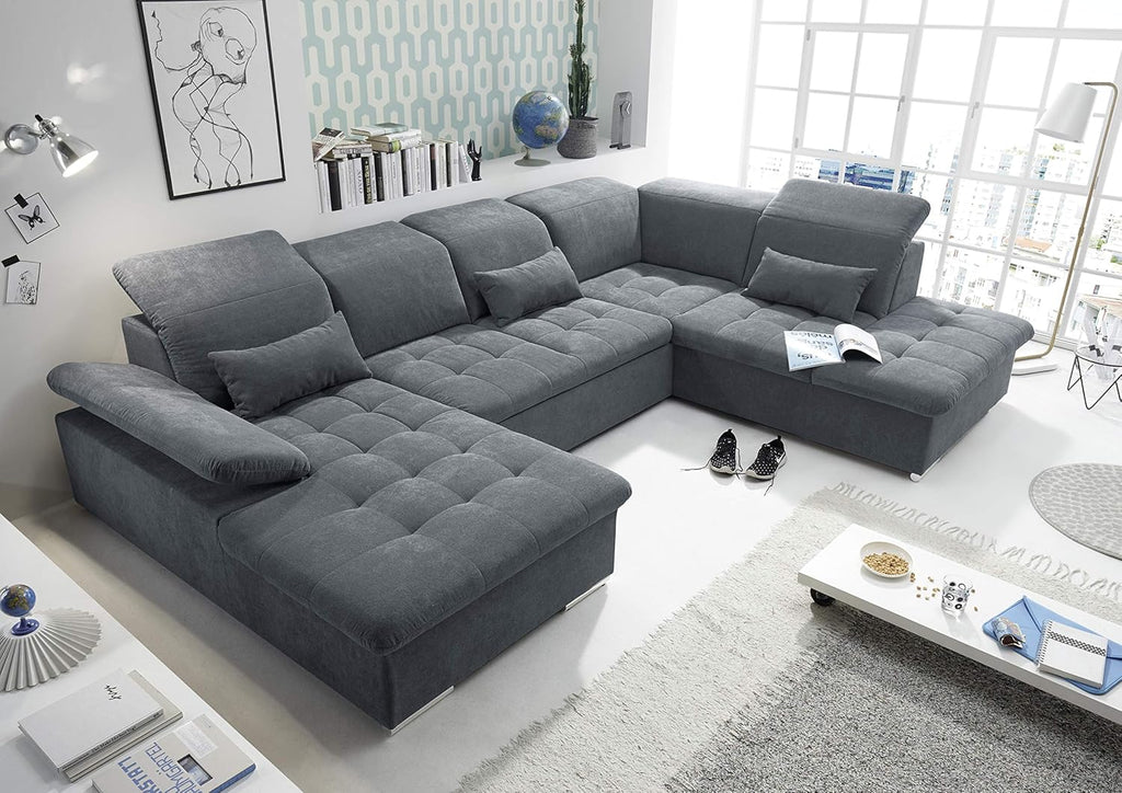Sofá rinconera en forma de U Stella Trading WAYNE, tapicería de tela color antracita - Sofá extensible con función de cama y arcón - 340 x 81 (104) x 188 (240) cm (ancho/alto/fondo)