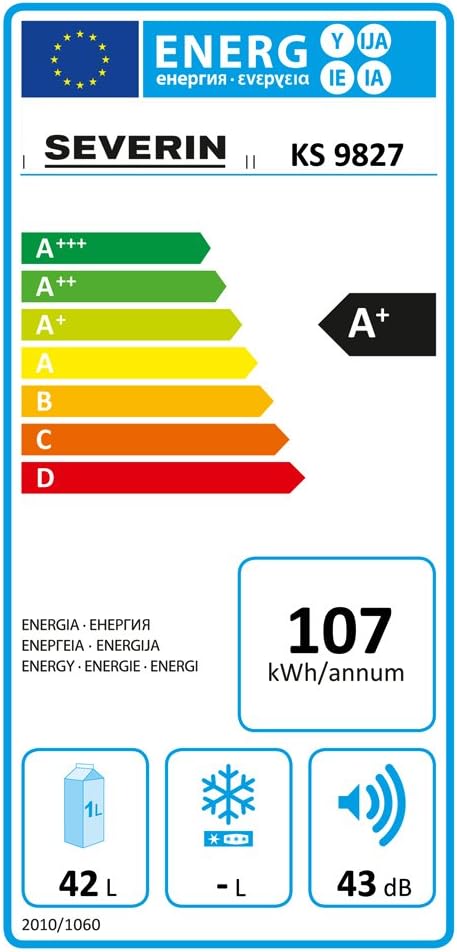 SEVERIN Frigorífico, Independiente, Longitud 43,9cm, 43L, Congelador 5L, Puerta reversible, Clase F, 100 kWh/año, 40 dB, Blanco, KS 9827