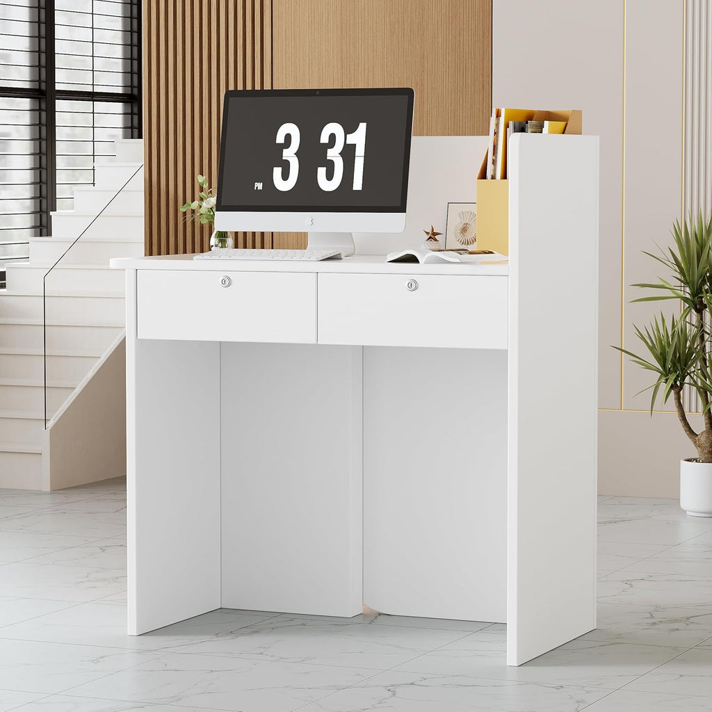 Mostrador de recepción con tira de luz LED, escritorio de recepción pequeño con cajones con cerradura, mueble de recepción moderno, mesa de recepción, mostrador frontal compacto para salón, negocio, hotel y oficina, 44x80x100 cm