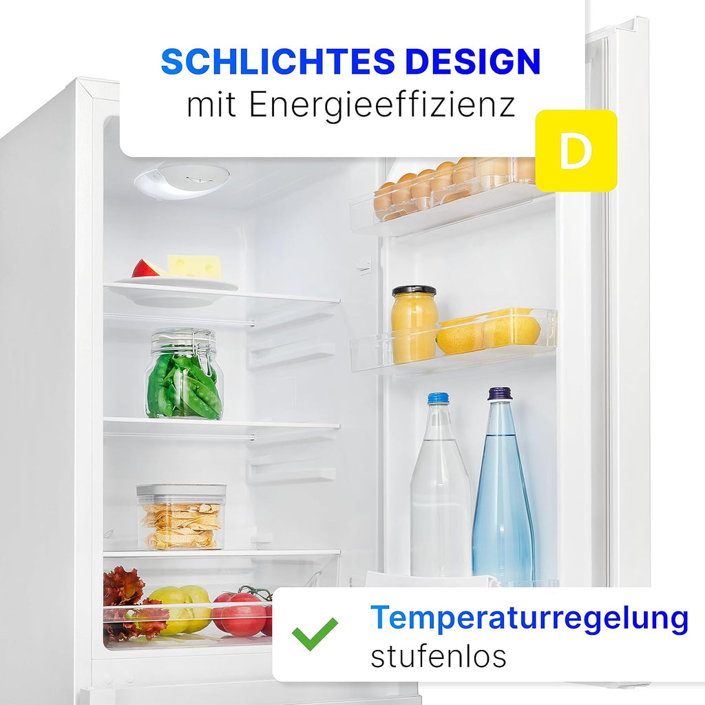 Refrigerador con congelador Bomann® de 143 cm de altura | Frigorífico combi de 175 L con 3 estantes y 3 cajones | Sentido de apertura de puerta reversible | Frigorífico combi silencioso de 39 dB | Frigorífico KG 322.1 aspecto inox